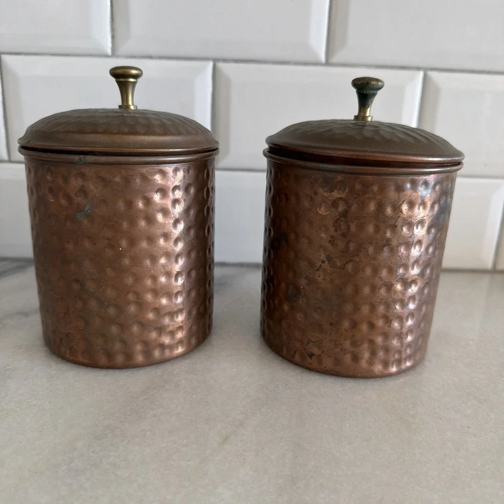 Set Of 2 Vintage Hammered Copper Canisters Brass Pulls GW006